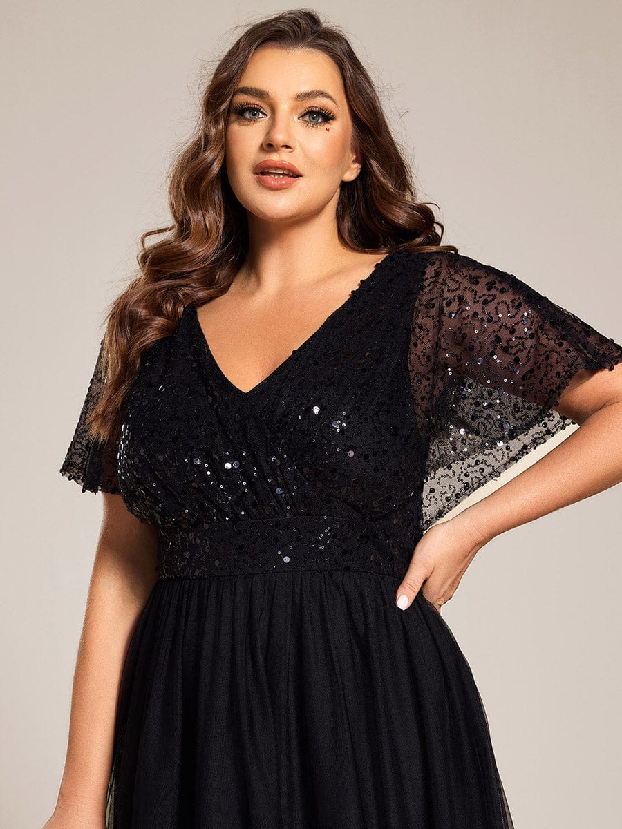 Plus Size Short Sleeves Sequin V-Neck Formal Evening Dress with Tulle #color_Black