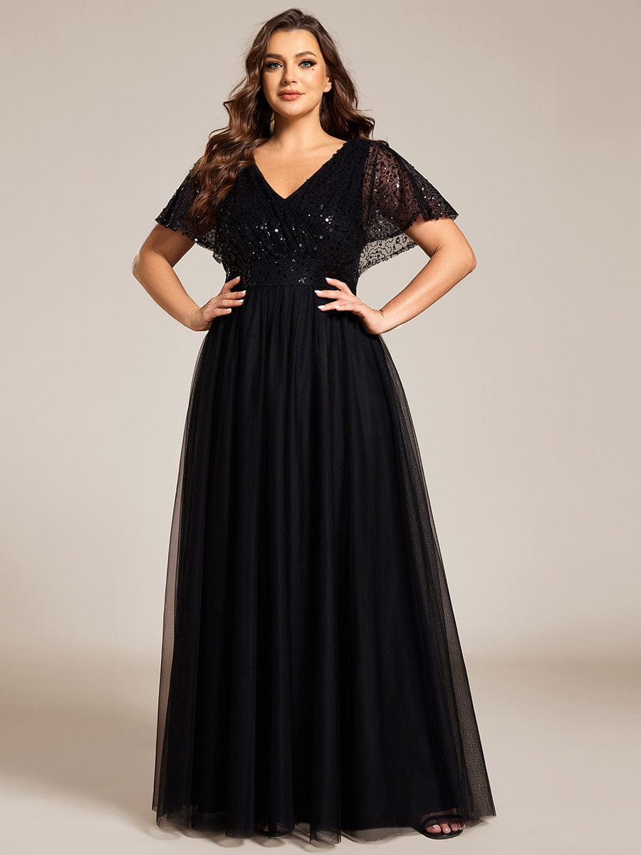 Plus Size Short Sleeves Sequin V-Neck Formal Evening Dress with Tulle #color_Black