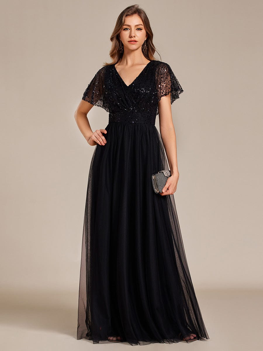 Sparkly Sequin A-Line V-Neck Tulle Formal Evening Dress #color_Black