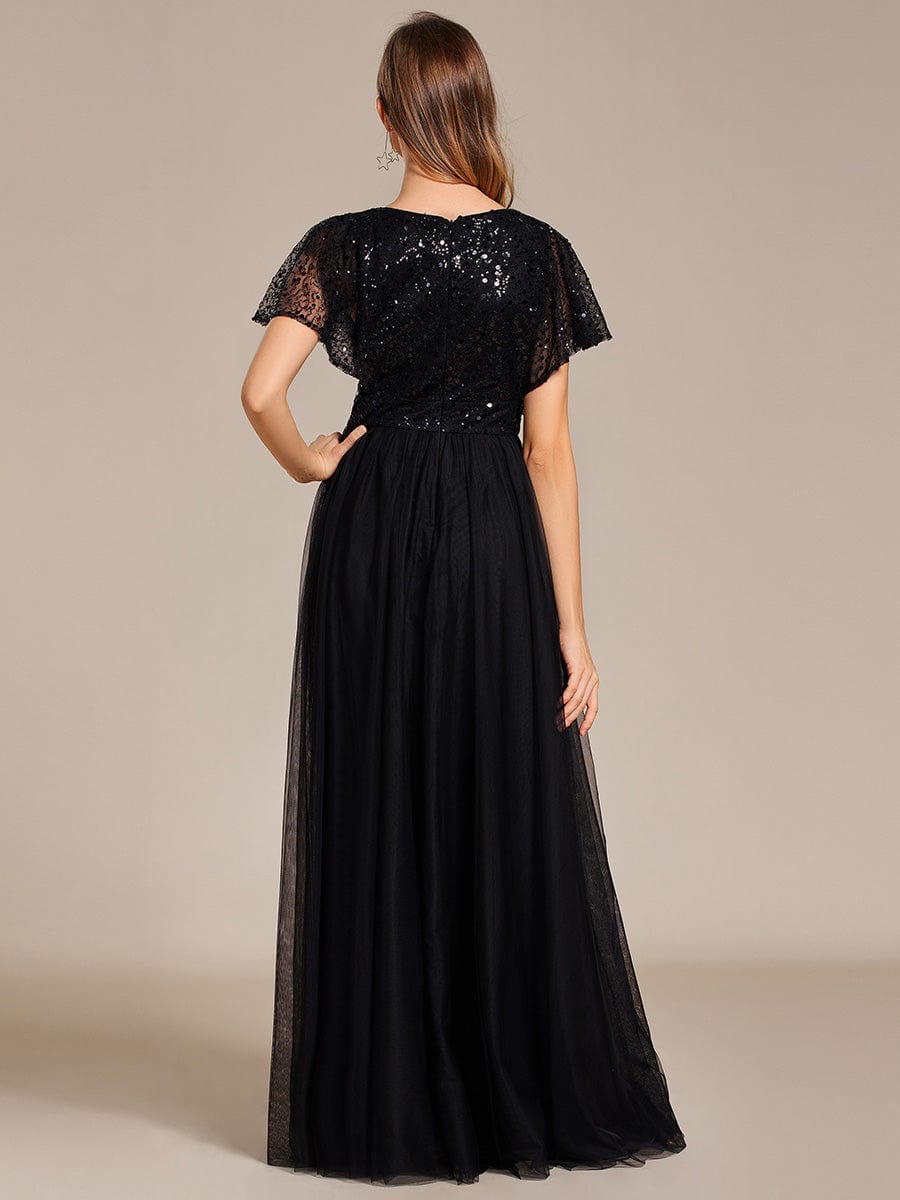 Sparkly Sequin A-Line V-Neck Tulle Formal Evening Dress #color_Black