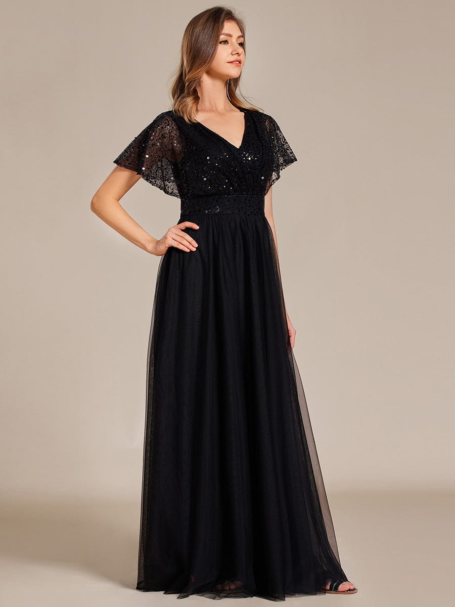 Sparkly Sequin A-Line V-Neck Tulle Formal Evening Dress #color_Black