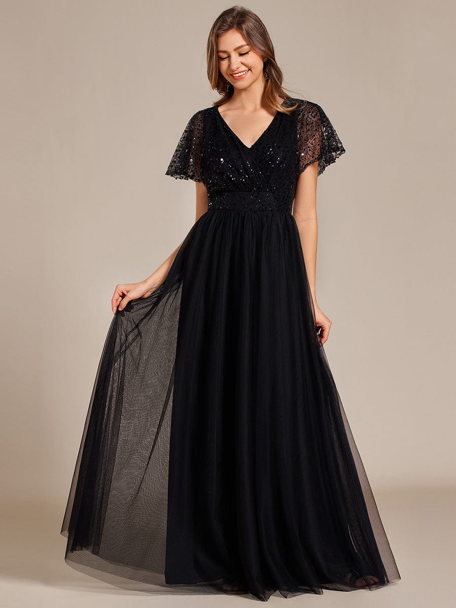 Sparkly Sequin A-Line V-Neck Tulle Formal Evening Dress #color_Black