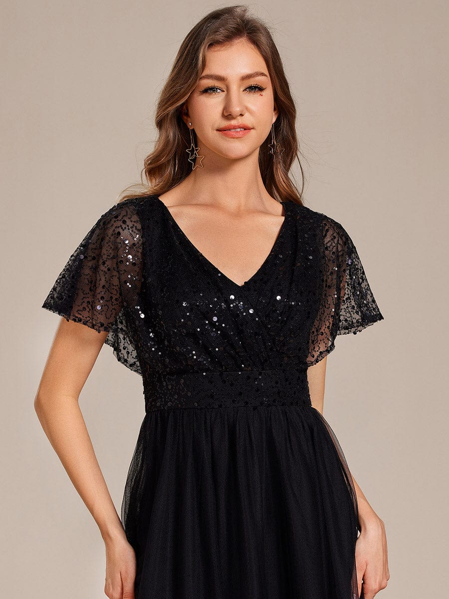 Sparkly Sequin A-Line V-Neck Tulle Formal Evening Dress #color_Black