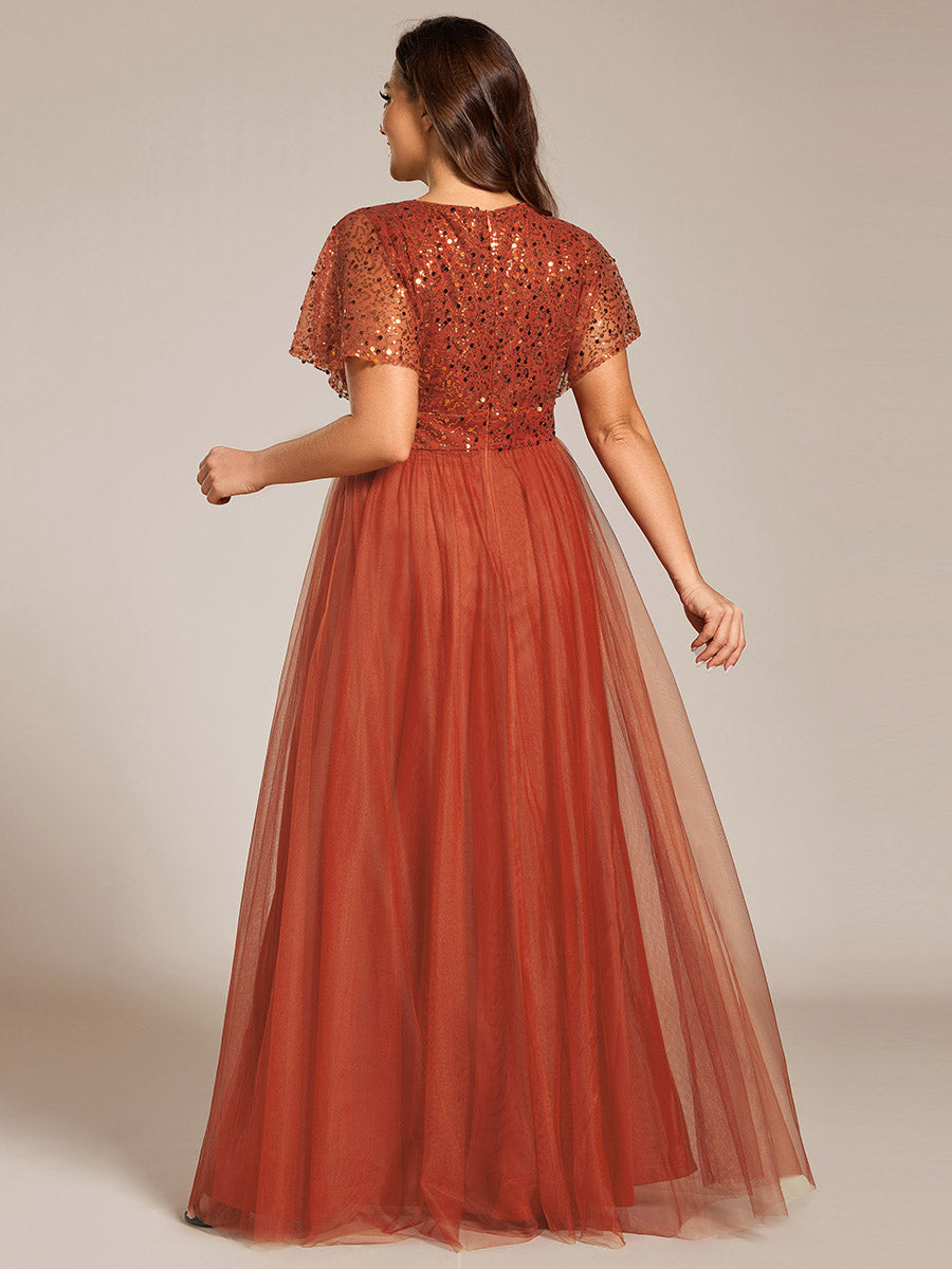 Plus Size Short Sleeves Sequin V-Neck Formal Evening Dress with Tulle #color_Burnt Orange