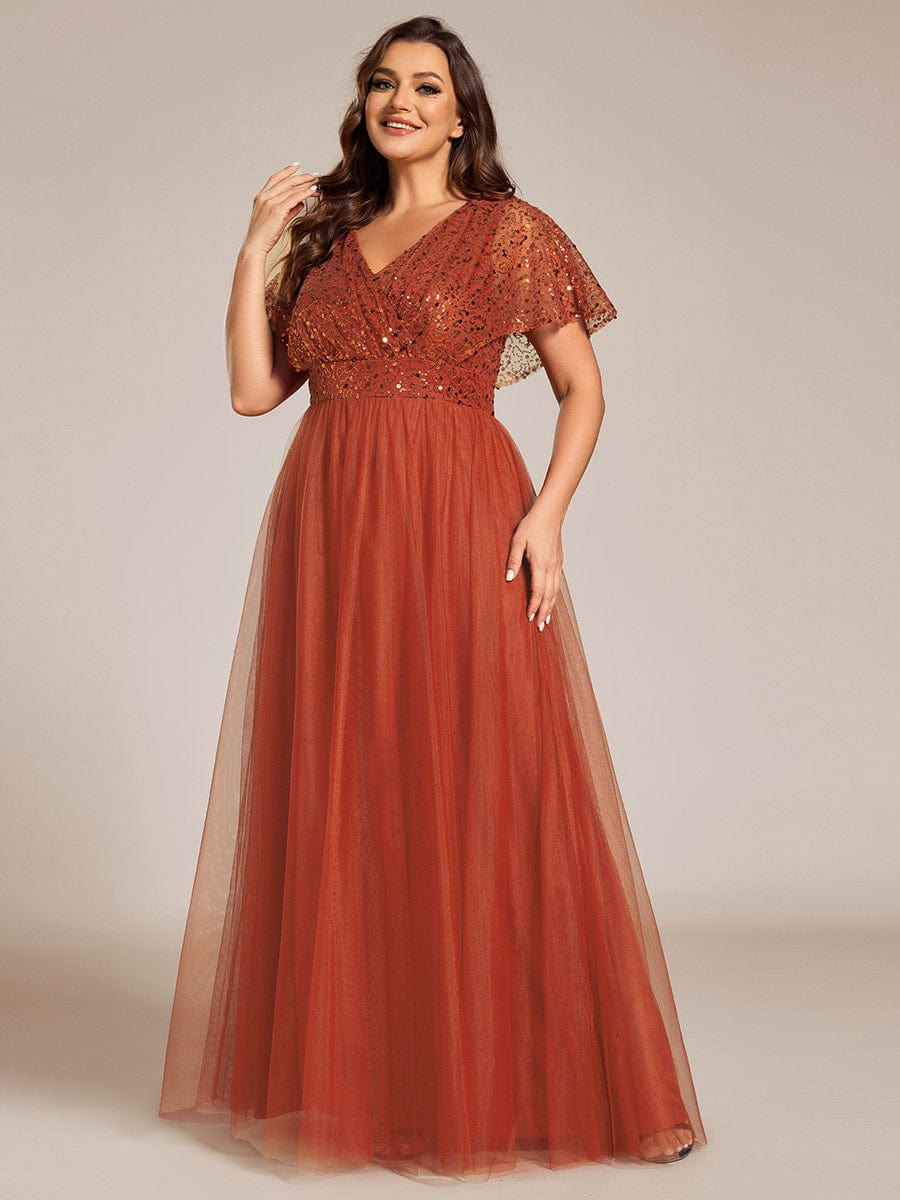 Plus Size Short Sleeves Sequin V-Neck Formal Evening Dress with Tulle #color_Burnt Orange