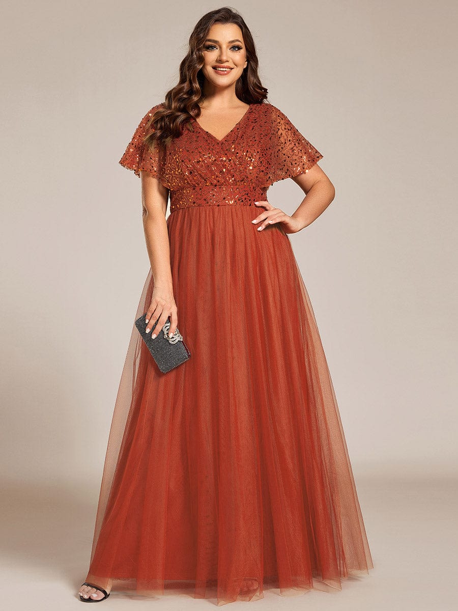 Plus Size Short Sleeves Sequin V-Neck Formal Evening Dress with Tulle #color_Burnt Orange