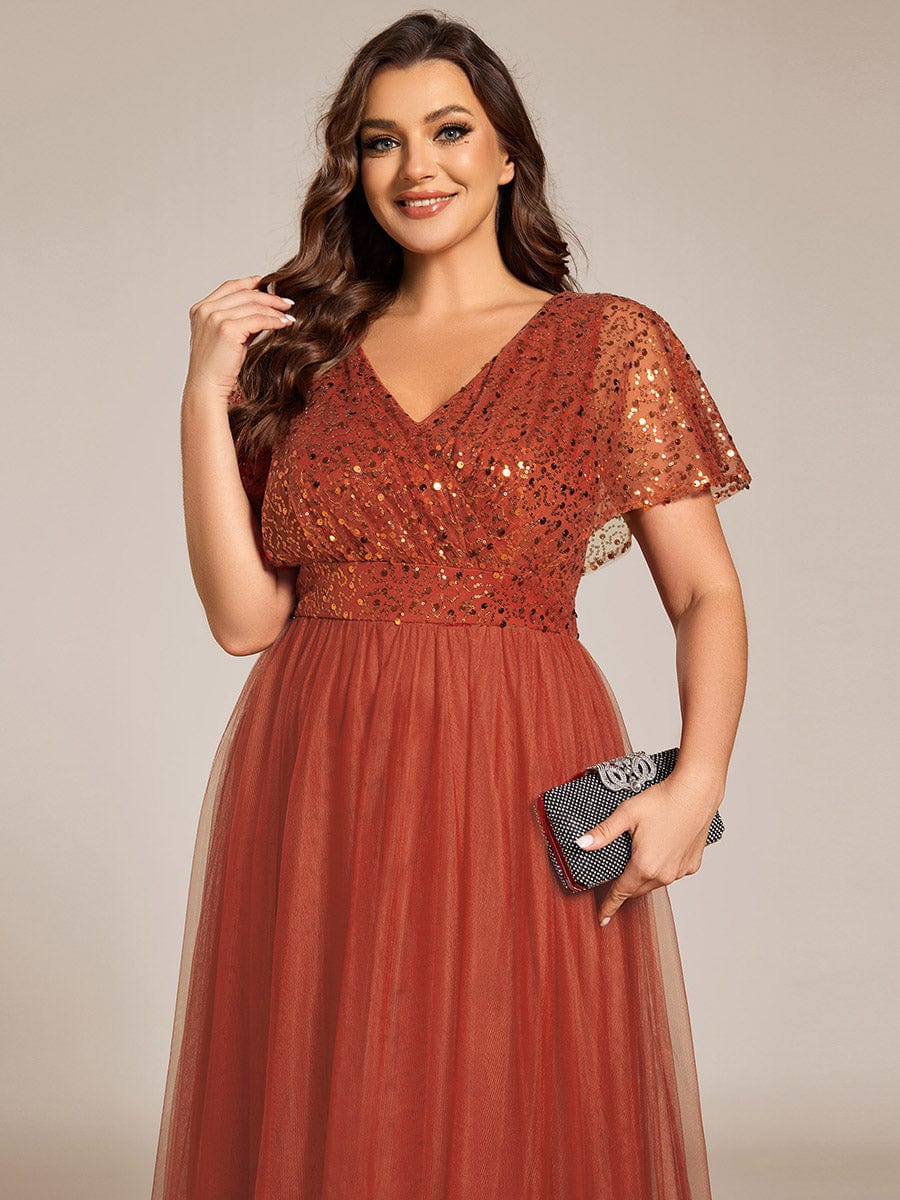 Plus Size Short Sleeves Sequin V-Neck Formal Evening Dress with Tulle #color_Burnt Orange