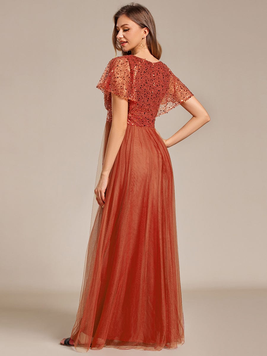 Sparkly Sequin A-Line V-Neck Tulle Formal Evening Dress #color_Burnt Orange