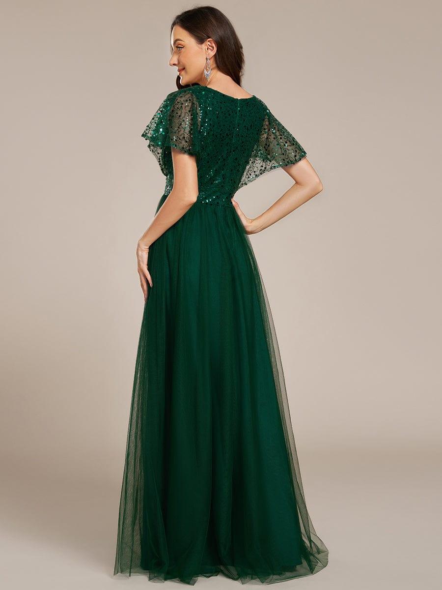 Sparkly Sequin A-Line V-Neck Tulle Formal Evening Dress #color_Dark Green