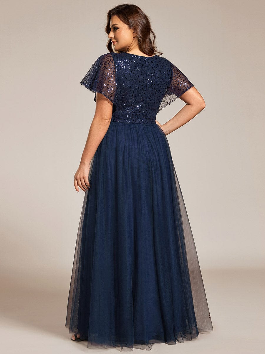 Plus Size Short Sleeves Sequin V-Neck Formal Evening Dress with Tulle #color_Navy Blue