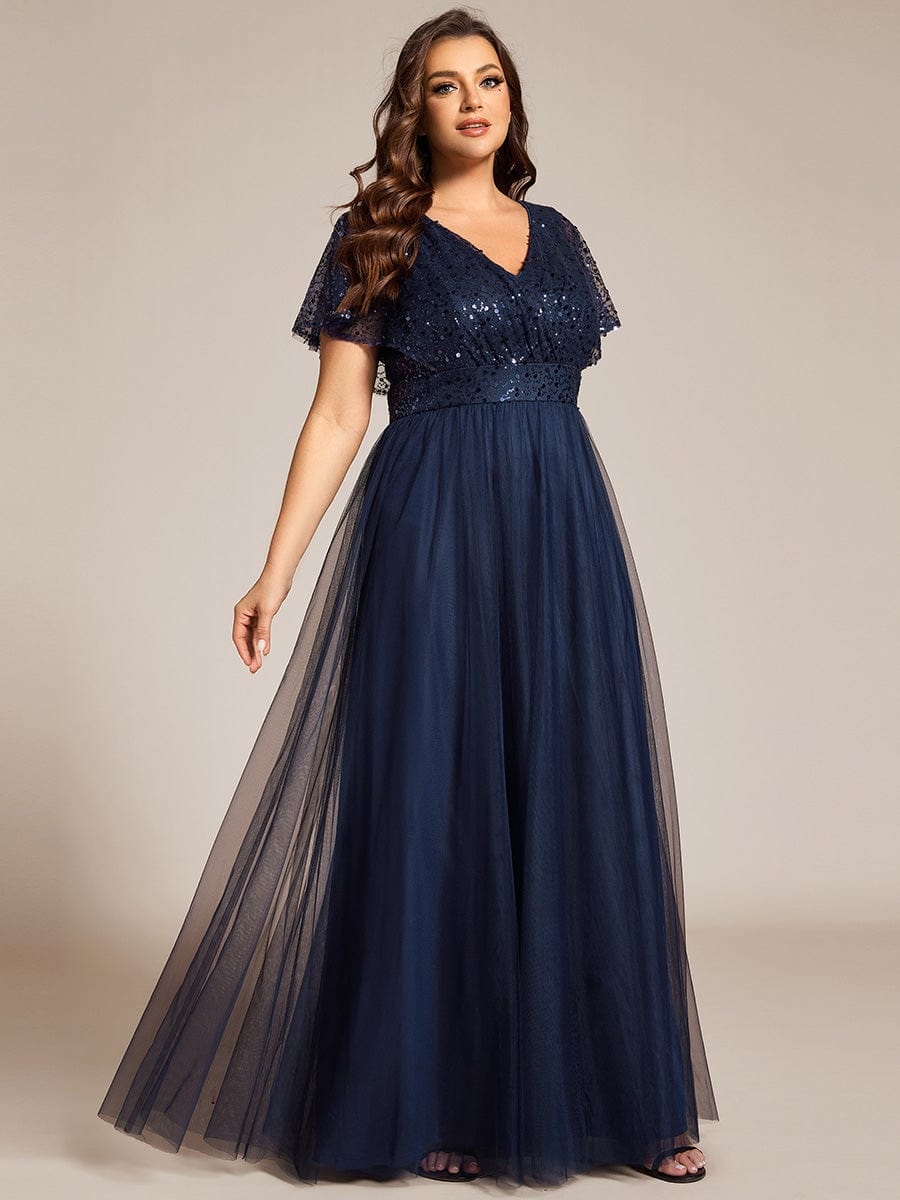 Plus Size Short Sleeves Sequin V-Neck Formal Evening Dress with Tulle #color_Navy Blue