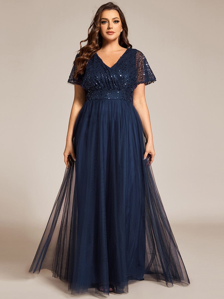 Plus Size Short Sleeves Sequin V-Neck Formal Evening Dress with Tulle #color_Navy Blue