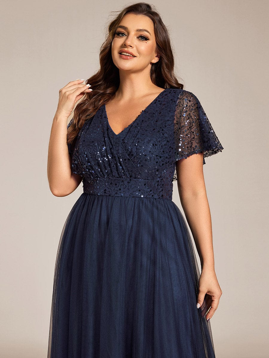 Sparkly Sequin A-Line V-Neck Tulle Formal Evening Dress #color_Navy Blue