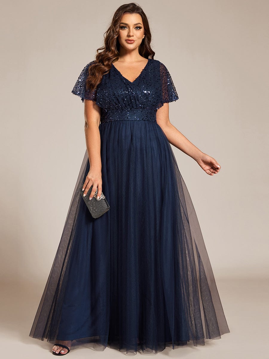 Plus Size Short Sleeves Sequin V-Neck Formal Evening Dress with Tulle #color_Navy Blue