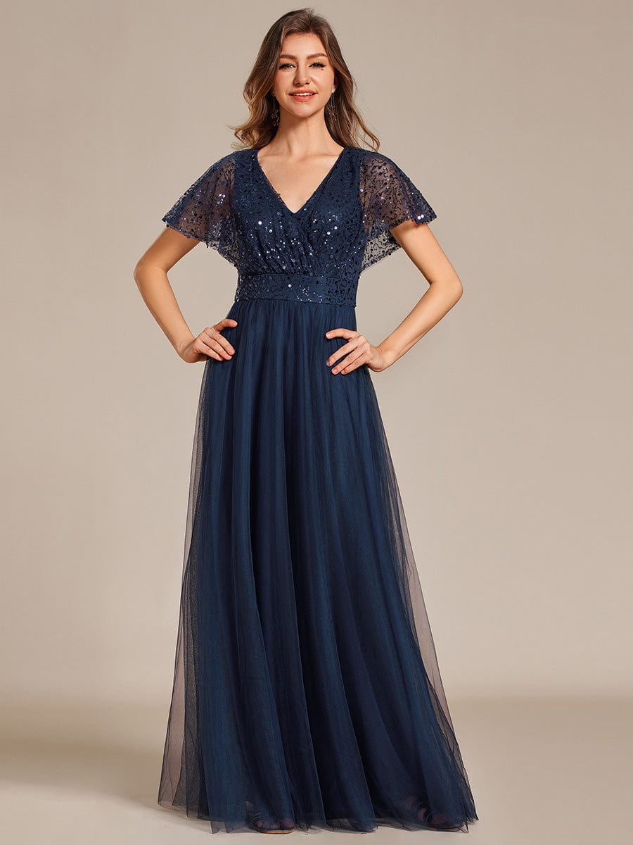 Sparkly Sequin A-Line V-Neck Tulle Formal Evening Dress #color_Navy Blue