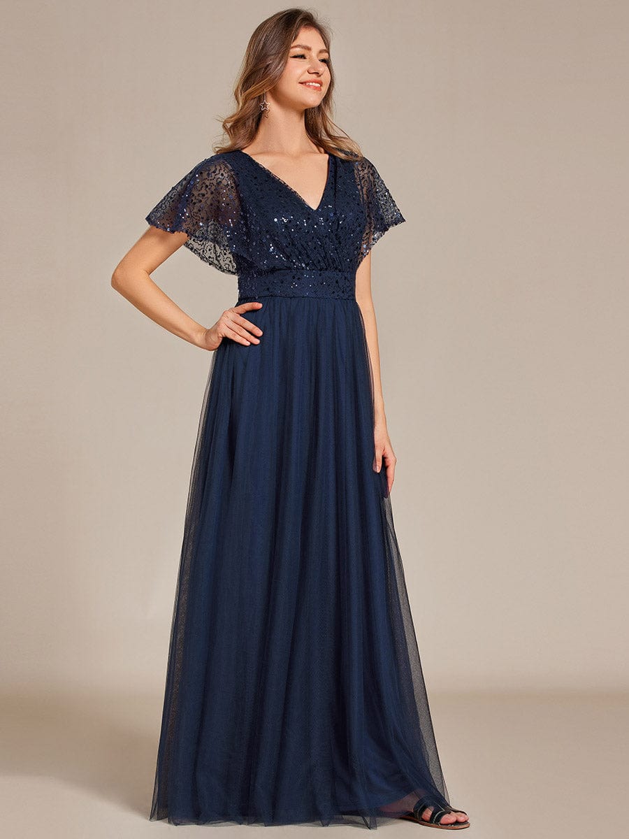 Sparkly Sequin A-Line V-Neck Tulle Formal Evening Dress #color_Navy Blue