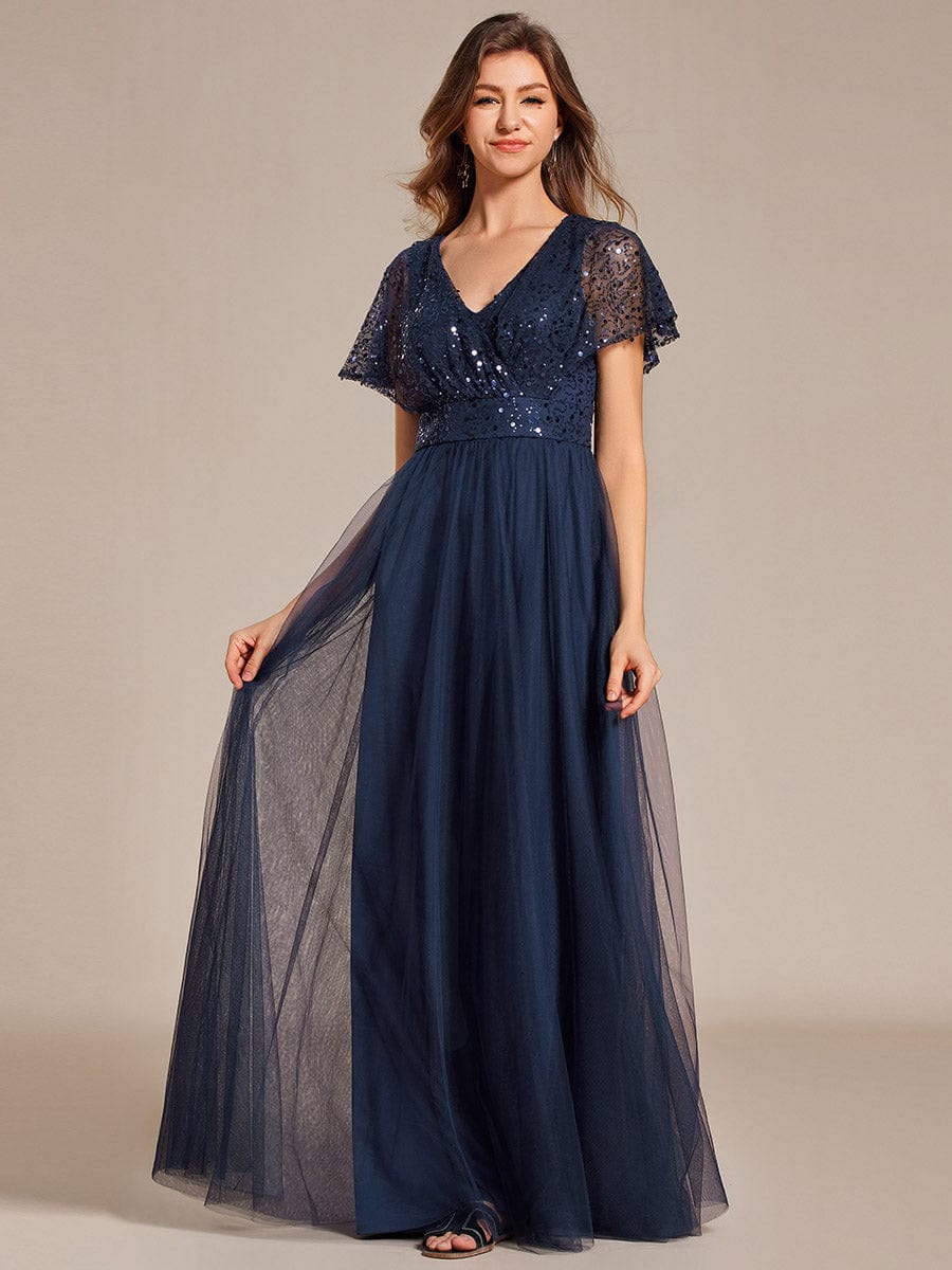 Sparkly Sequin A-Line V-Neck Tulle Formal Evening Dress #color_Navy Blue