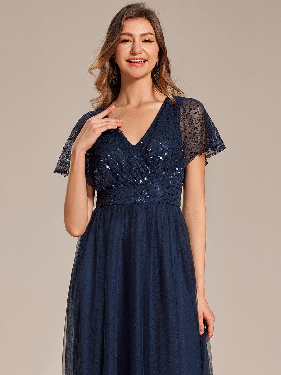 Sparkly Sequin A-Line V-Neck Tulle Formal Evening Dress #color_Navy Blue