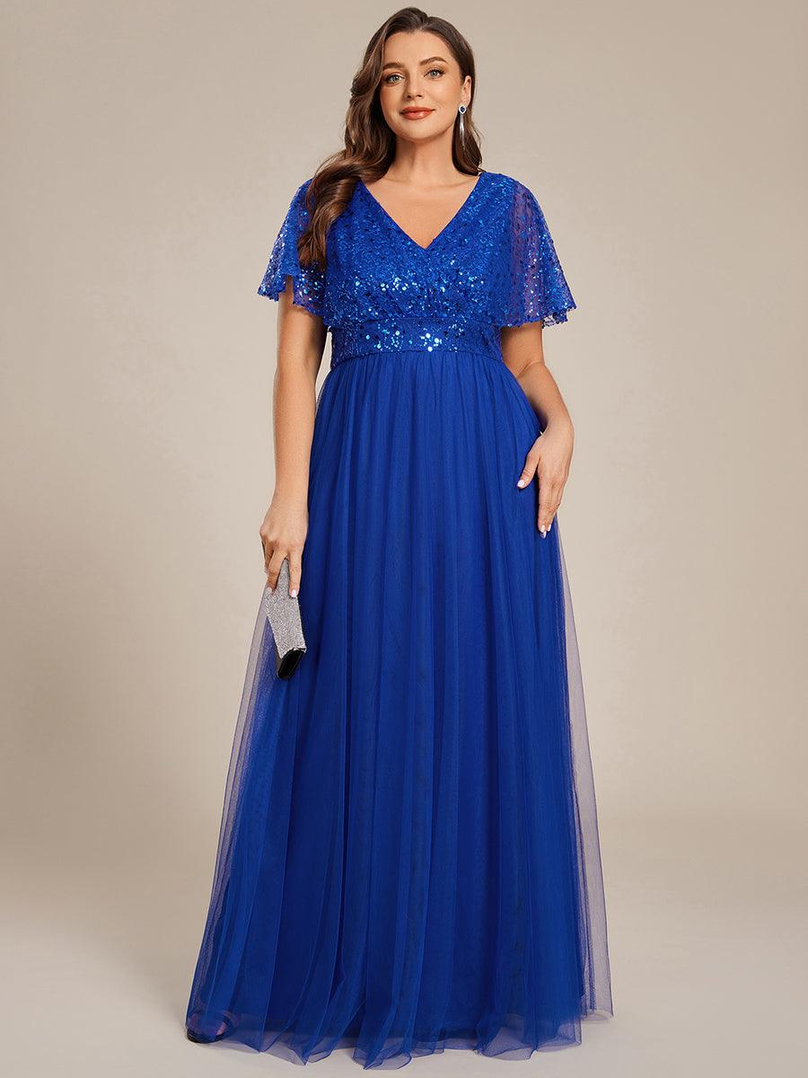 Sparkly Sequin A-Line V-Neck Tulle Formal Evening Dress #color_Sapphire Blue