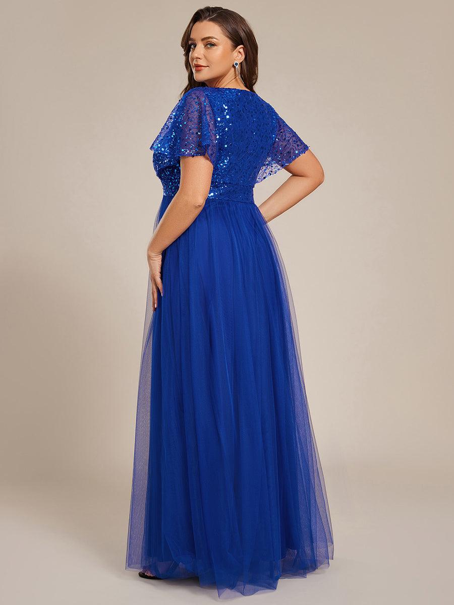 Sparkly Sequin A-Line V-Neck Tulle Formal Evening Dress #color_Sapphire Blue