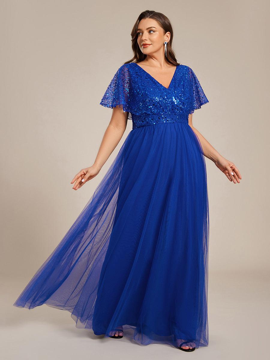 Sparkly Sequin A-Line V-Neck Tulle Formal Evening Dress #color_Sapphire Blue