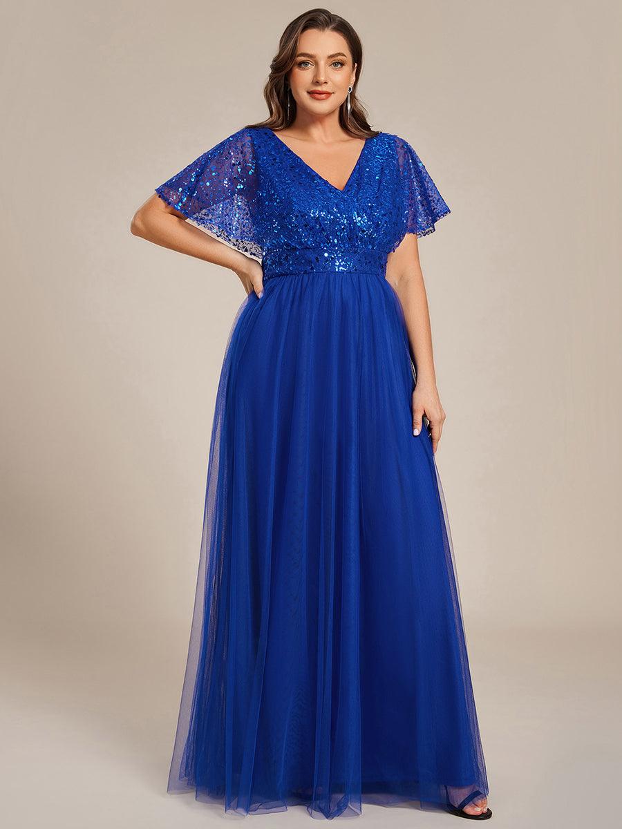 Sparkly Sequin A-Line V-Neck Tulle Formal Evening Dress #color_Sapphire Blue