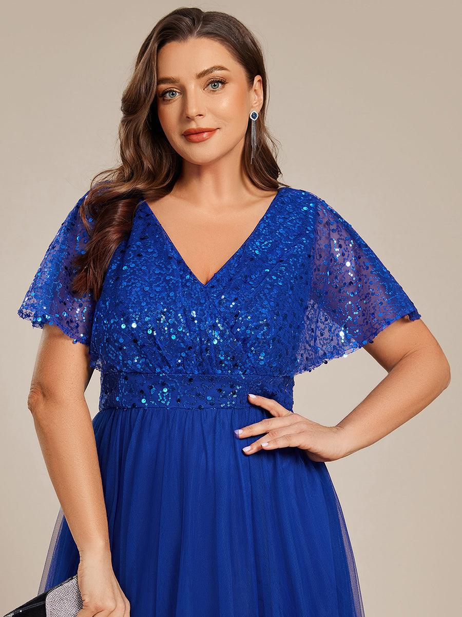 Sparkly Sequin A-Line V-Neck Tulle Formal Evening Dress #color_Sapphire Blue