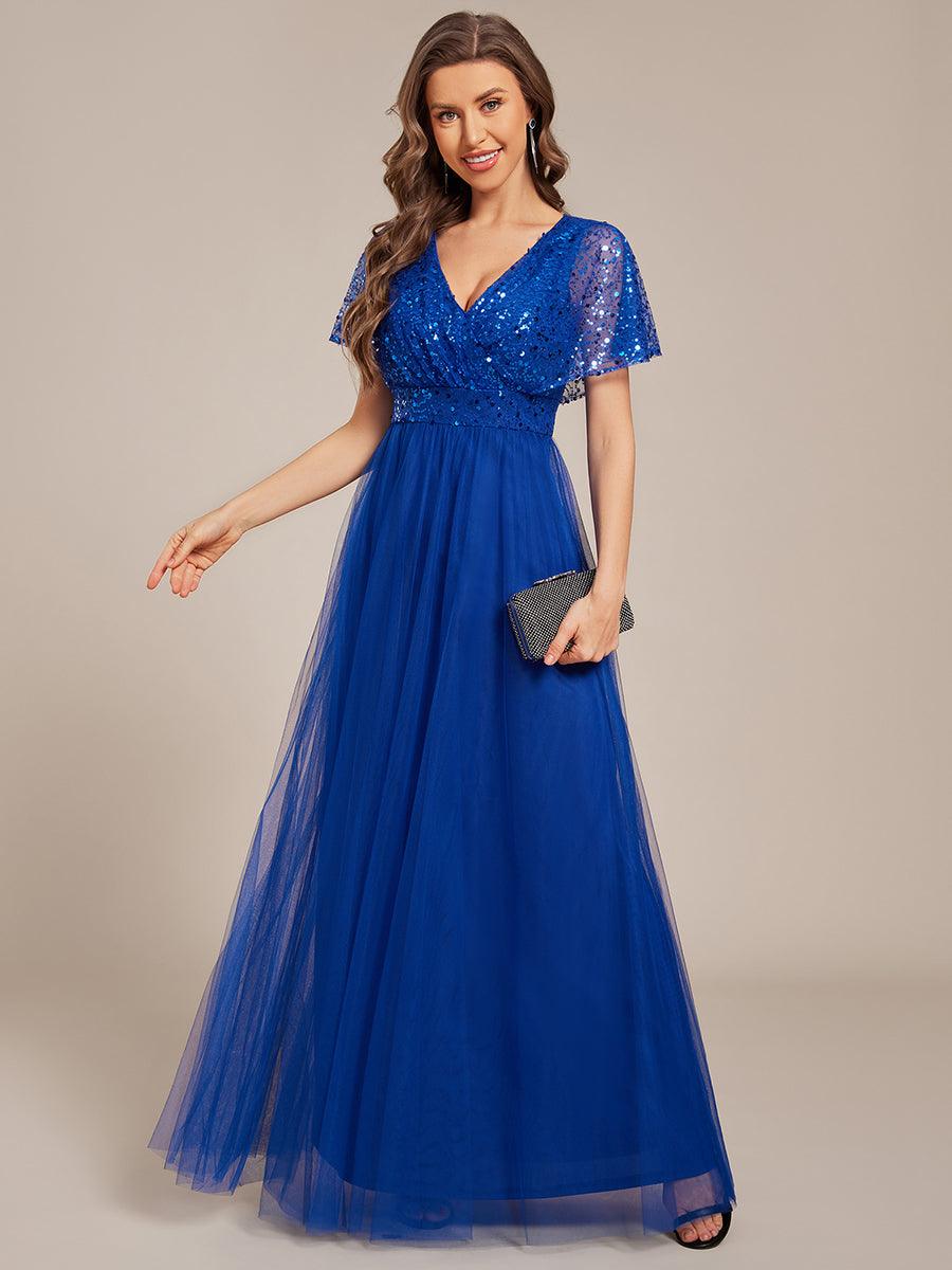 Sparkly Sequin A-Line V-Neck Tulle Formal Evening Dress #color_Sapphire Blue