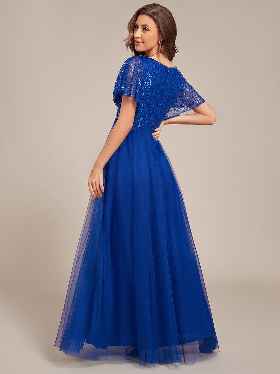 Sparkly Sequin A-Line V-Neck Tulle Formal Evening Dress #color_Sapphire Blue