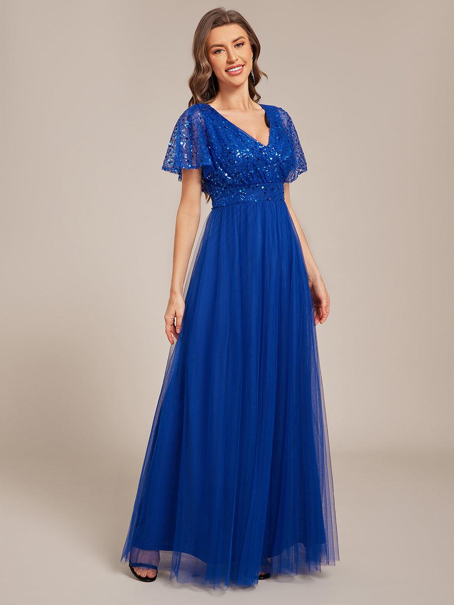 Sparkly Sequin A-Line V-Neck Tulle Formal Evening Dress #color_Sapphire Blue