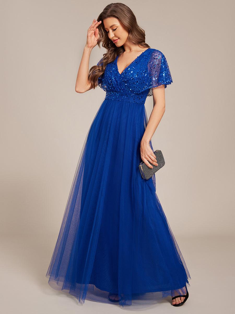 Sparkly Sequin A-Line V-Neck Tulle Formal Evening Dress #color_Sapphire Blue