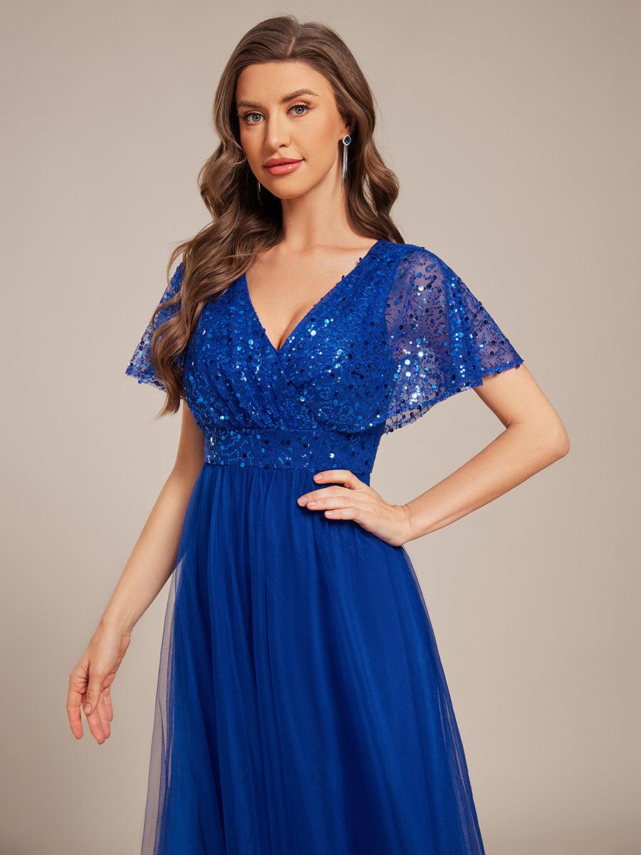 Sparkly Sequin A-Line V-Neck Tulle Formal Evening Dress #color_Sapphire Blue