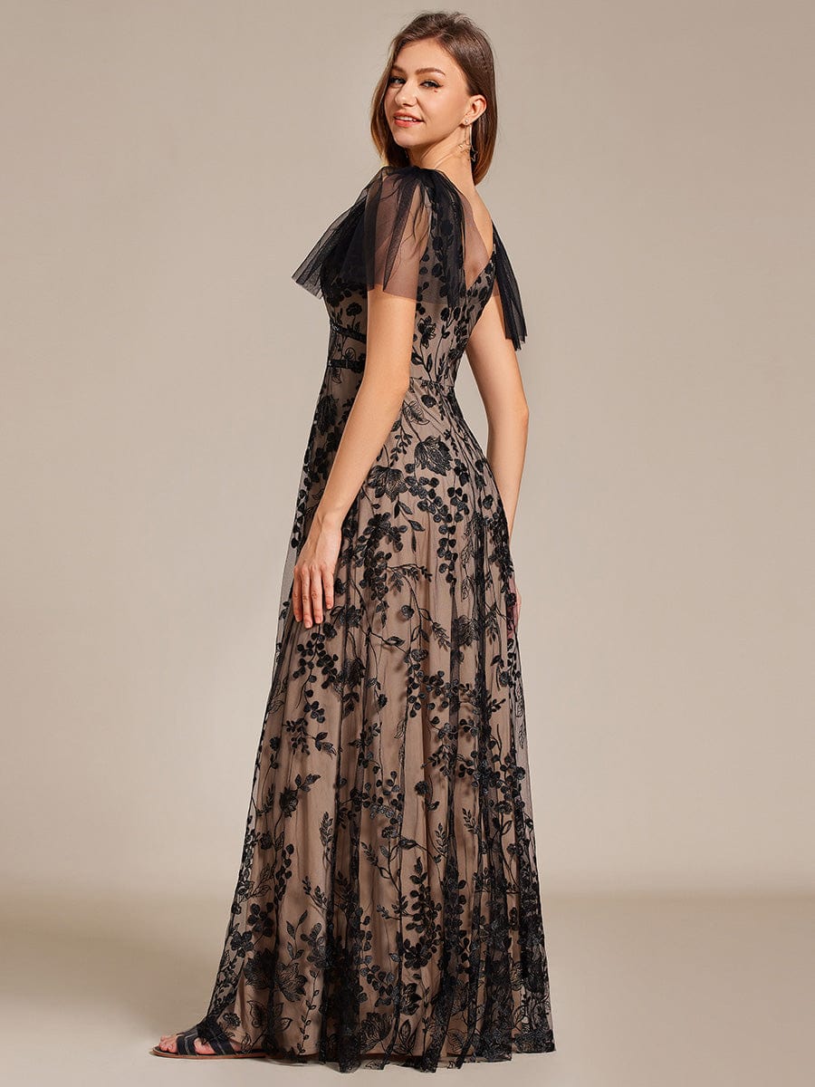 Embroidered Mesh Flutter Sleeve V-Neck Formal Evening Maxi Dress #color_Black