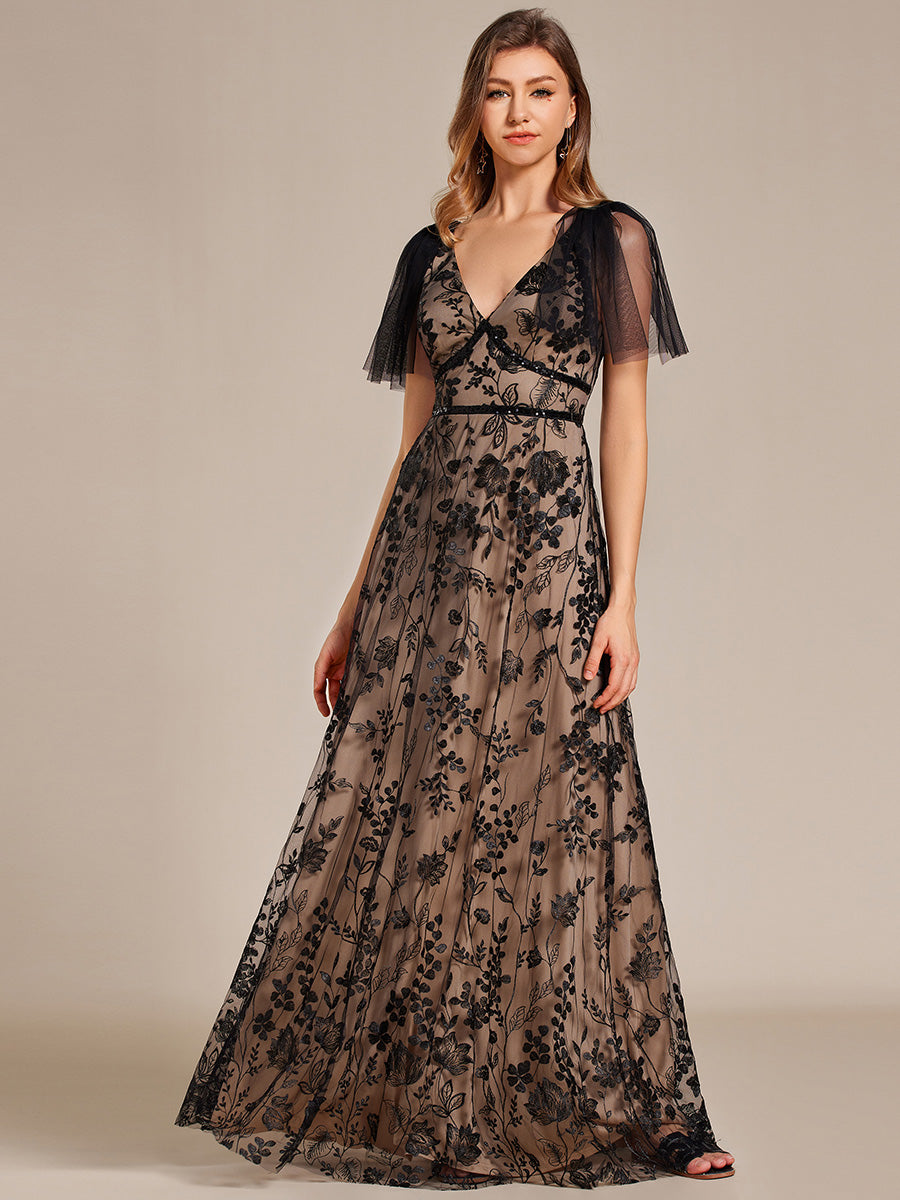 Embroidered Mesh Flutter Sleeve V-Neck Formal Evening Maxi Dress #color_Black