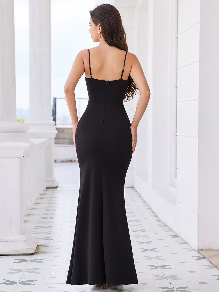 Elegant Spaghetti Strap Beaded Bodycon Formal Evening Dress #color_Black