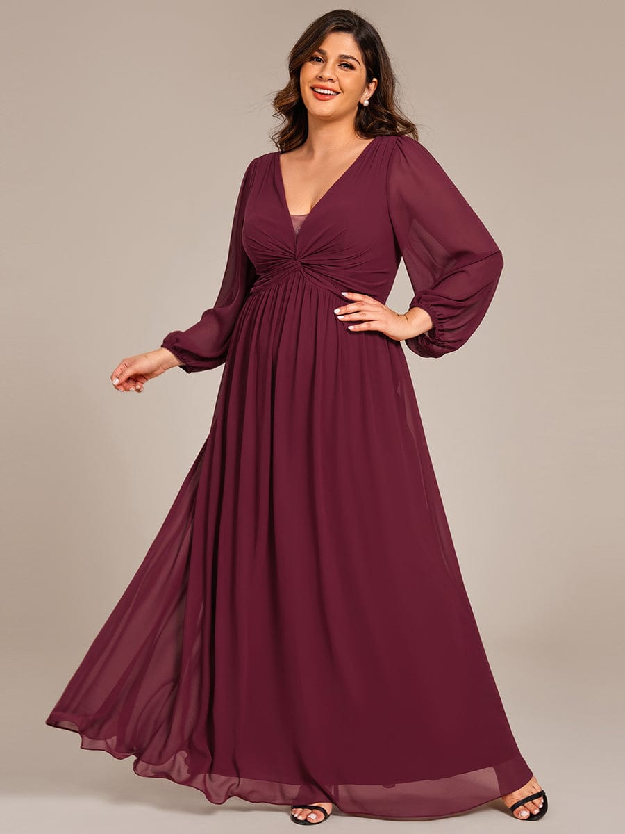 Plus Size A-Line Pleated Long Lantern Sleeves Chiffon Formal Evening Dress #color_Burgundy