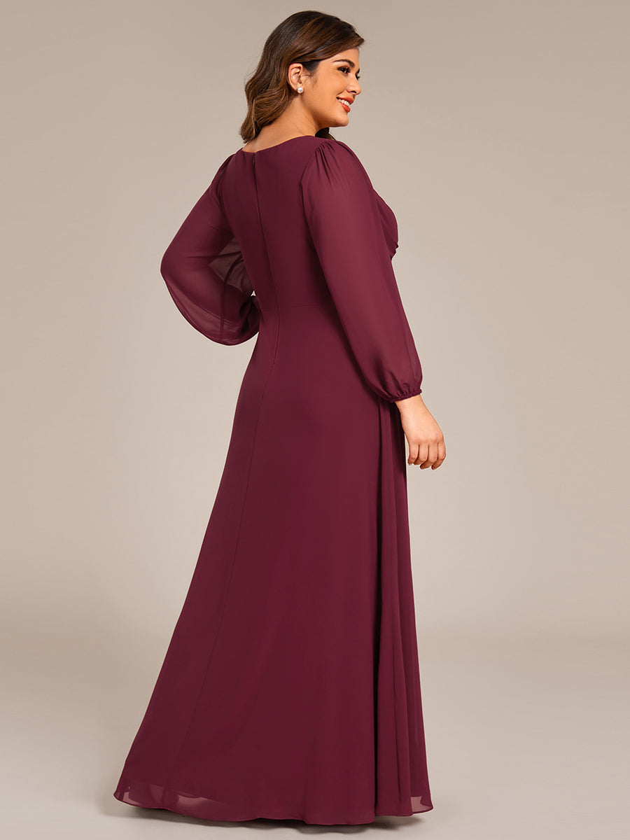 Graceful Chiffon A-Line Pleated Long Sleeves Formal Evening Dress #color_Burgundy