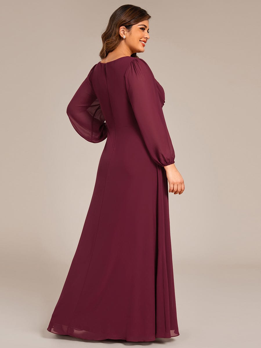 Plus Size A-Line Pleated Long Lantern Sleeves Chiffon Formal Evening Dress #color_Burgundy