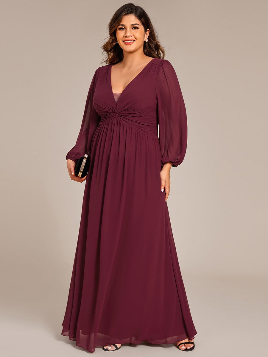 Plus Size A-Line Pleated Long Lantern Sleeves Chiffon Formal Evening Dress #color_Burgundy