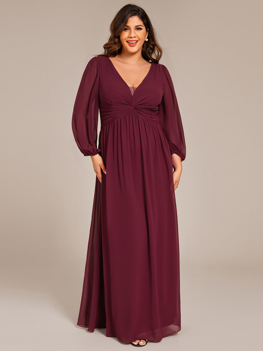 Graceful Chiffon A-Line Pleated Long Sleeves Formal Evening Dress #color_Burgundy