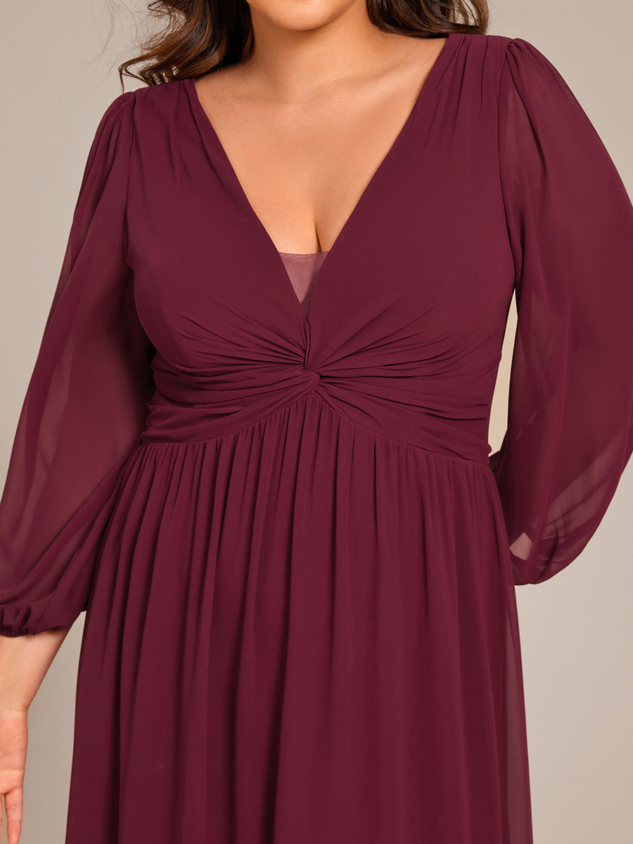 Graceful Chiffon A-Line Pleated Long Sleeves Formal Evening Dress #color_Burgundy