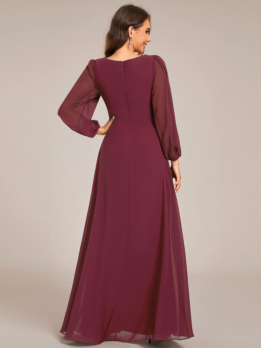 Graceful Chiffon A-Line Pleated Long Sleeves Formal Evening Dress #color_Burgundy