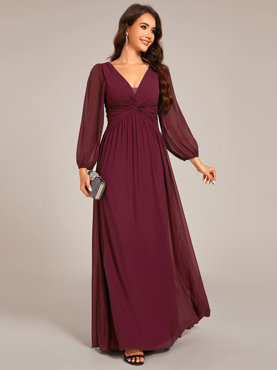 Graceful Chiffon A-Line Pleated Long Sleeves Formal Evening Dress #color_Burgundy