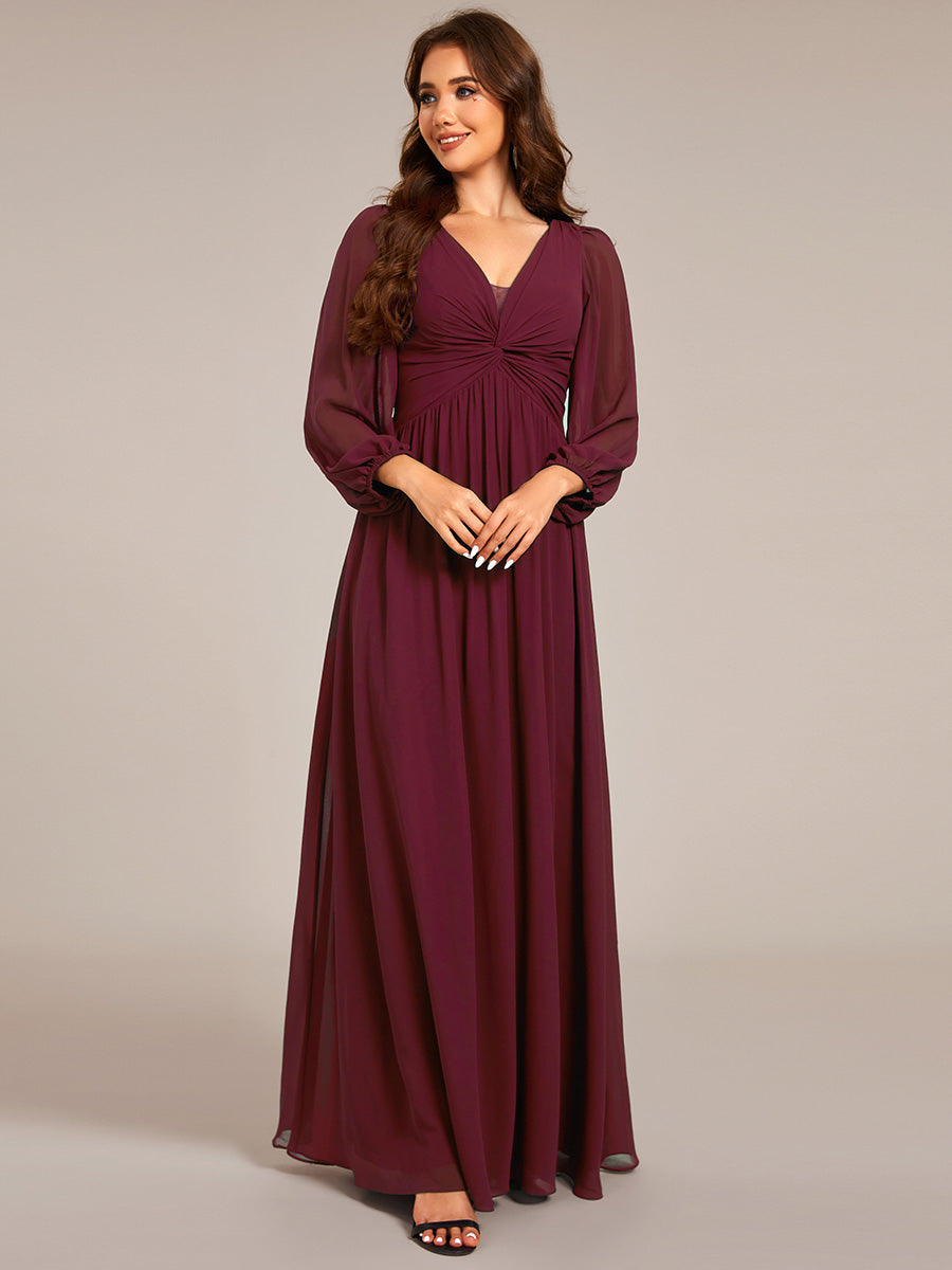 Graceful Chiffon A-Line Pleated Long Sleeves Formal Evening Dress #color_Burgundy