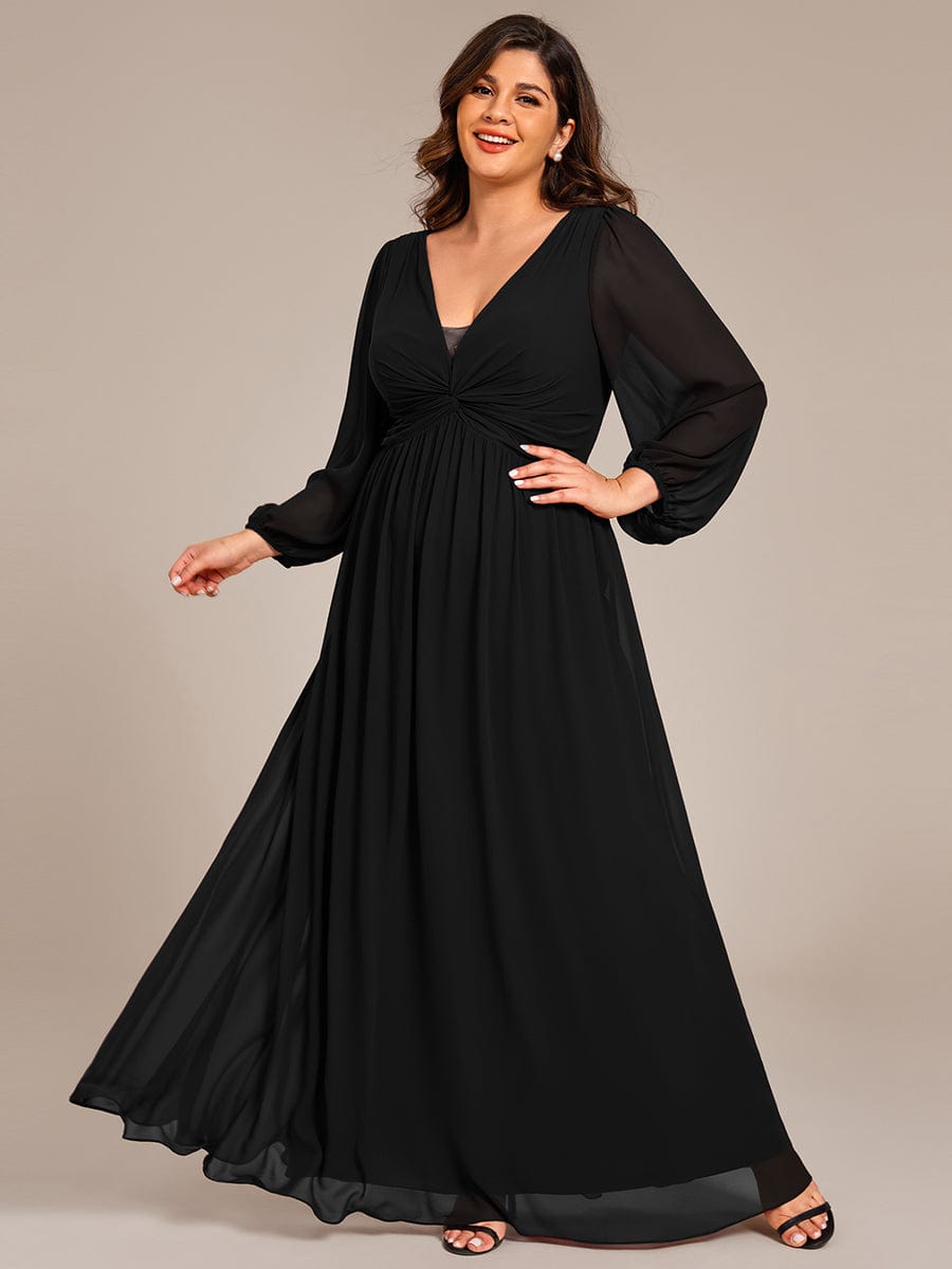 Plus Size A-Line Pleated Long Lantern Sleeves Chiffon Formal Evening Dress #color_Black