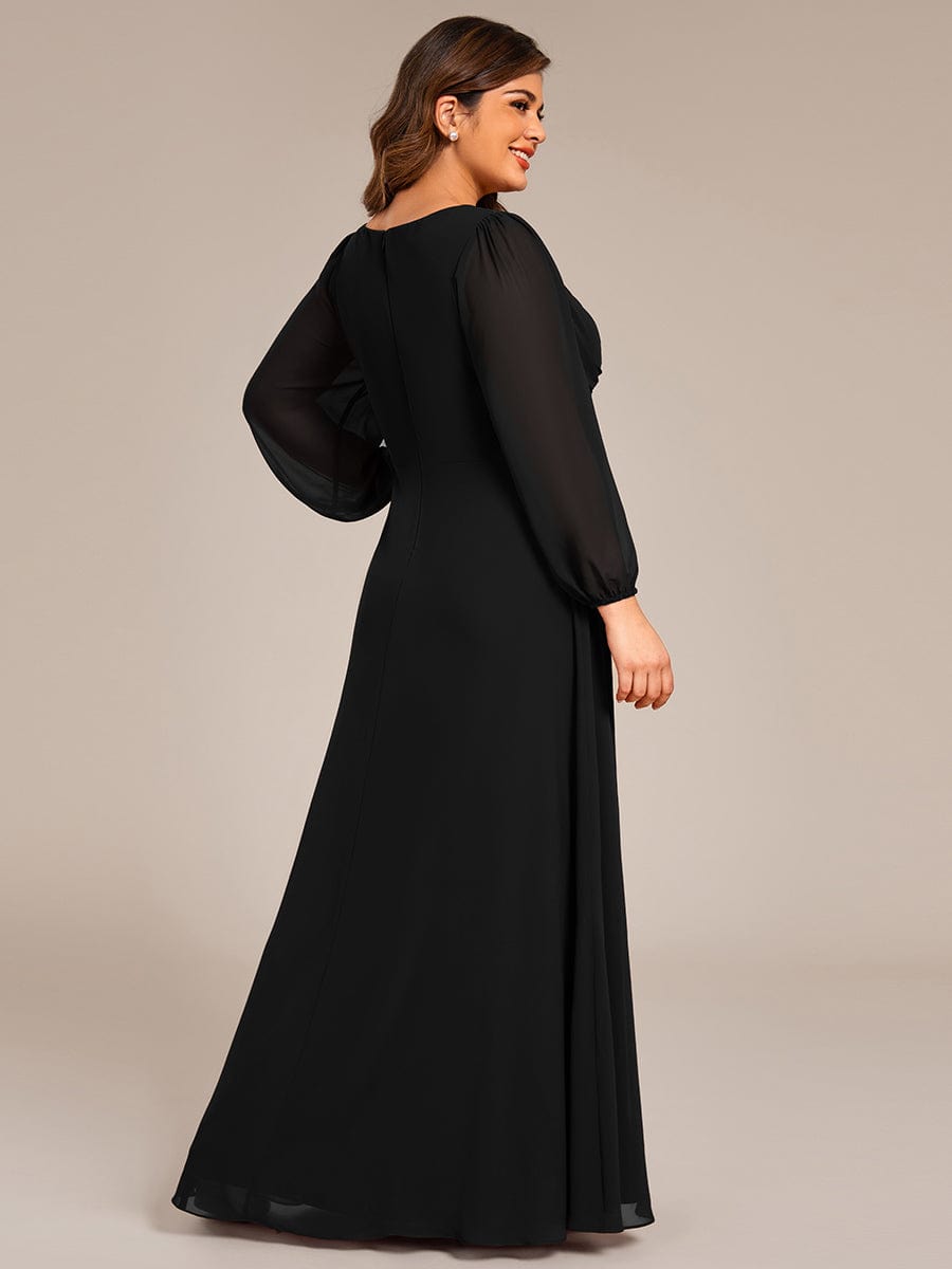 Plus Size A-Line Pleated Long Lantern Sleeves Chiffon Formal Evening Dress #color_Black