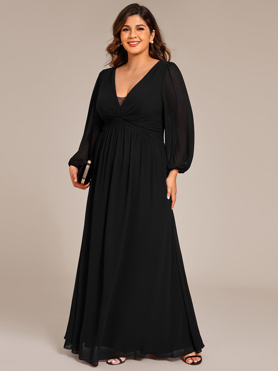 Graceful Chiffon A-Line Pleated Long Sleeves Formal Evening Dress #color_Black