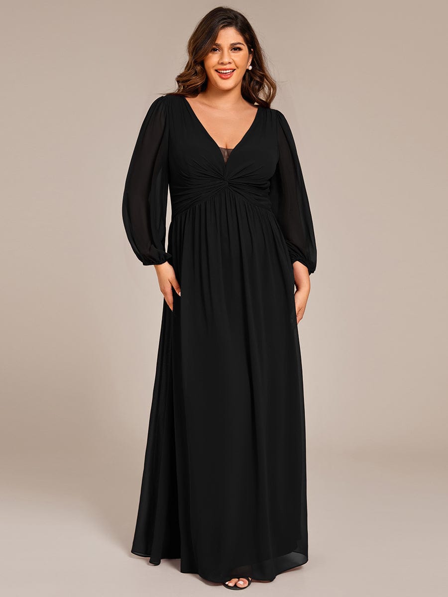 Plus Size A-Line Pleated Long Lantern Sleeves Chiffon Formal Evening Dress #color_Black