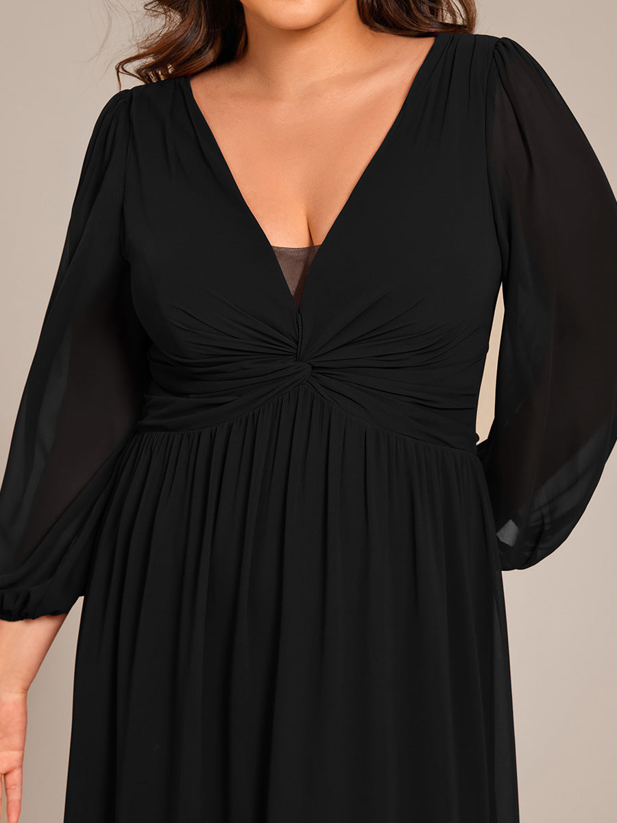 Graceful Chiffon A-Line Pleated Long Sleeves Formal Evening Dress #color_Black