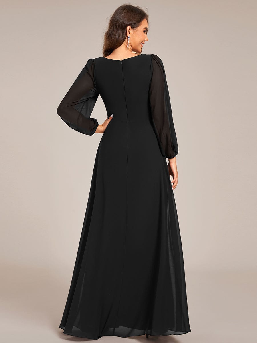 Graceful Chiffon A-Line Pleated Long Sleeves Formal Evening Dress #color_Black